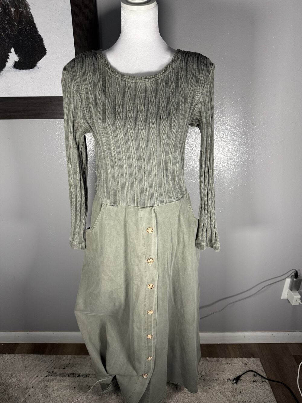 Nina Piccalino Early 90’s Soft Green Green Cotton Denim Barn Dress Womens Size M